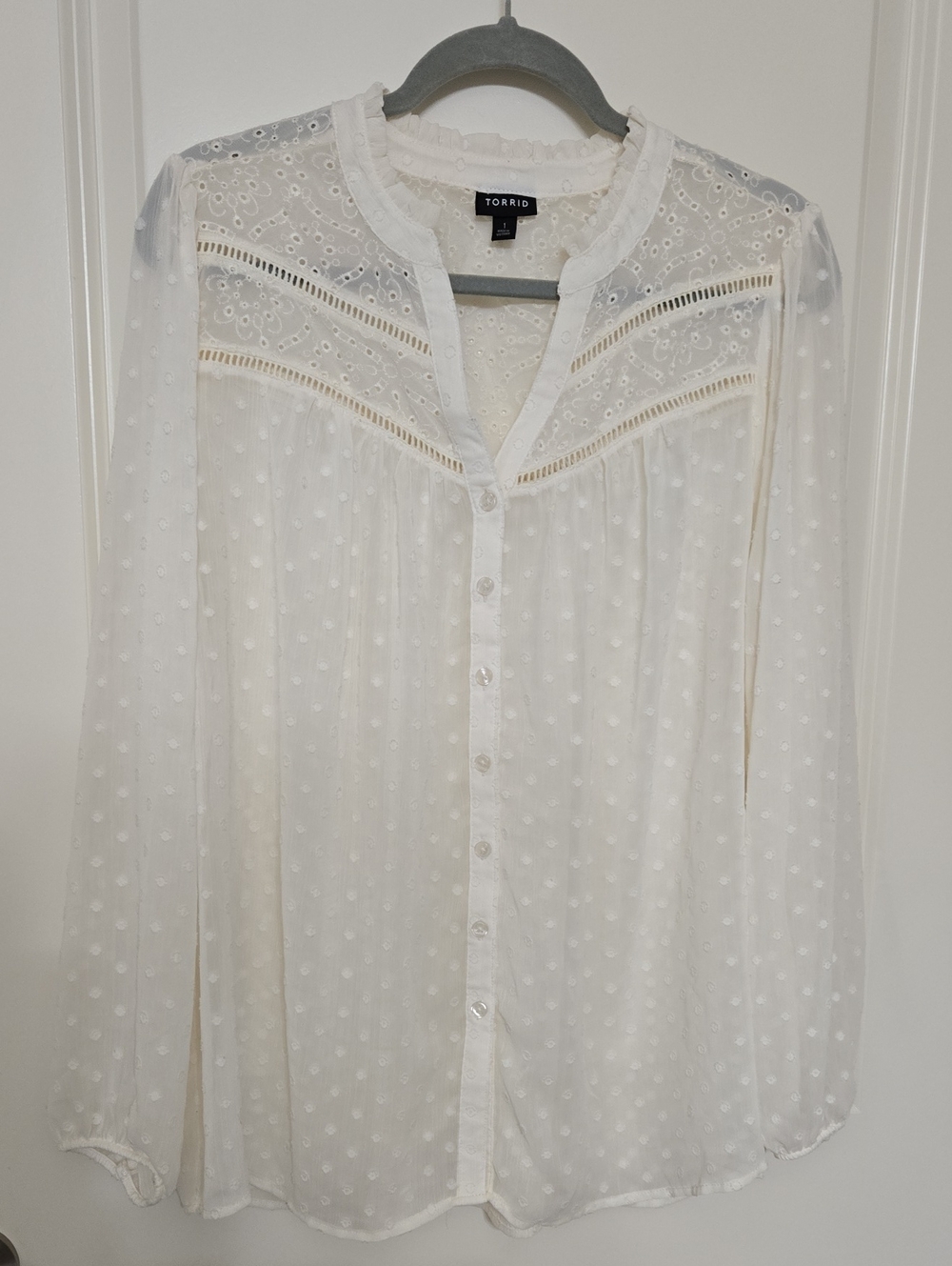 torrid Ivory Swiss Dot Lace-Trim Button Down Top